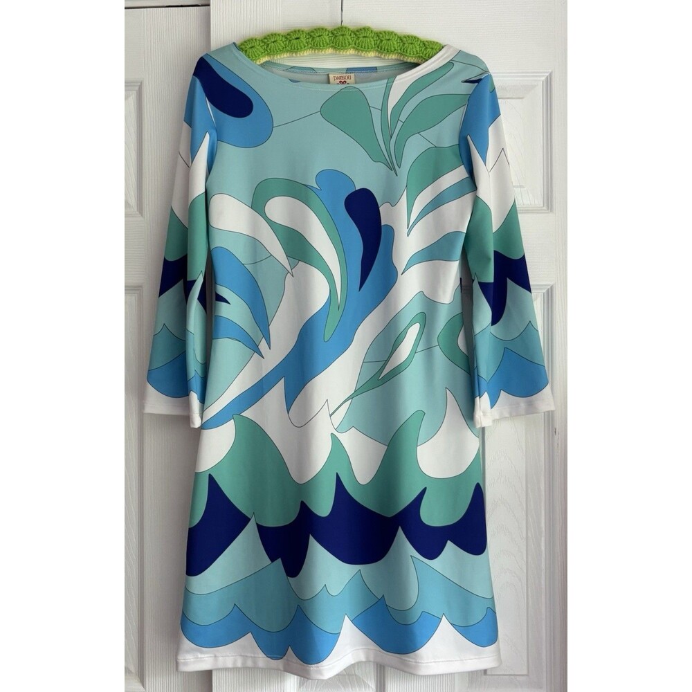 Parisou Dress Blue Green White Print Floral Geometric Groovy Mod 60s Vibe Sz XS